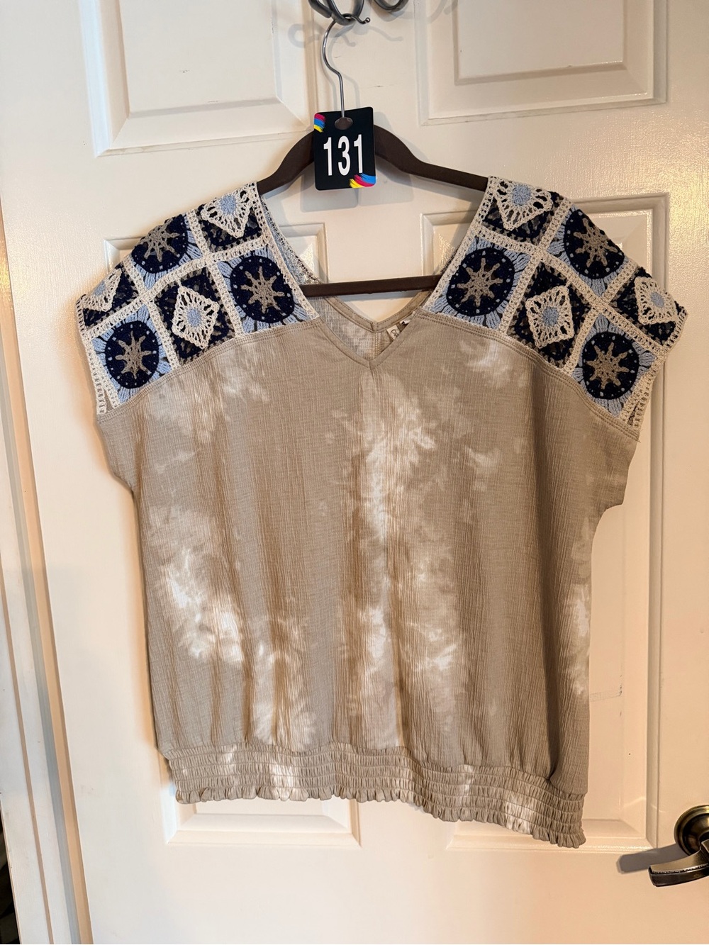Cato Neutral Taupe Tie-Dye Top with Navy & Cream Crochet Yoke